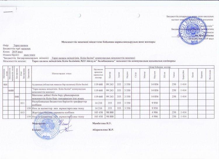 Қаржыландырудың жеке жоспары 2019 ж.