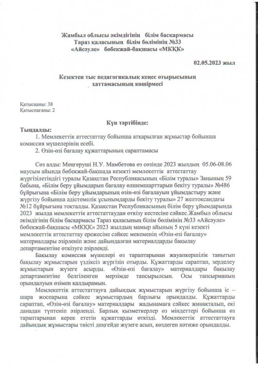 Кезектен тыс педагогикалық кеңес отырысының хаттамасы