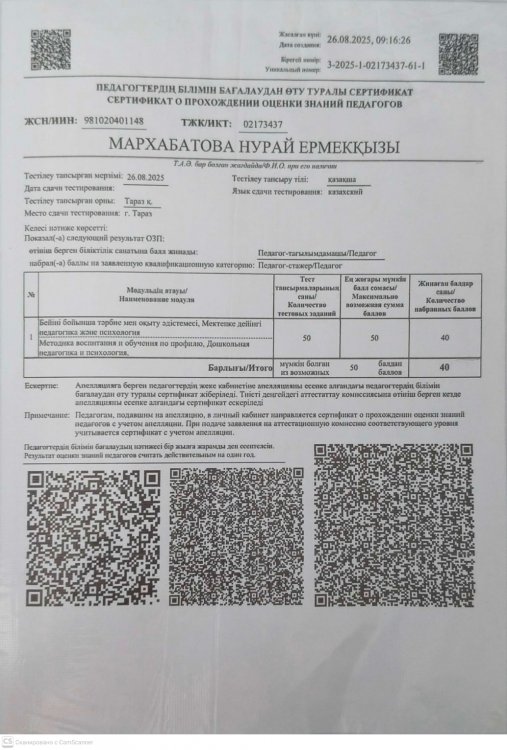 Сертификаттаудан өту нәтижелері туралы сертификат немесе қолданыстағы біліктілік санатының болуы туралы куәлік